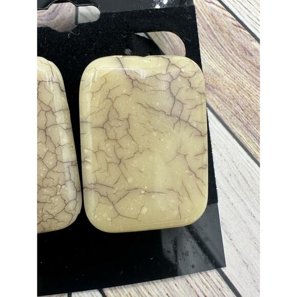 Vintage Pierced Earrings - Creamy White With Brown Enamel Rectangle - Picture 4 of 5